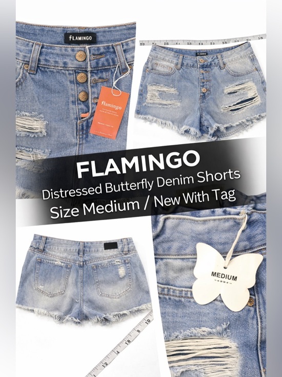Flamingo Pants - Flamingo Distressed Butterfly Denim Shorts Women’s Medium NWT Frayed Cutoff